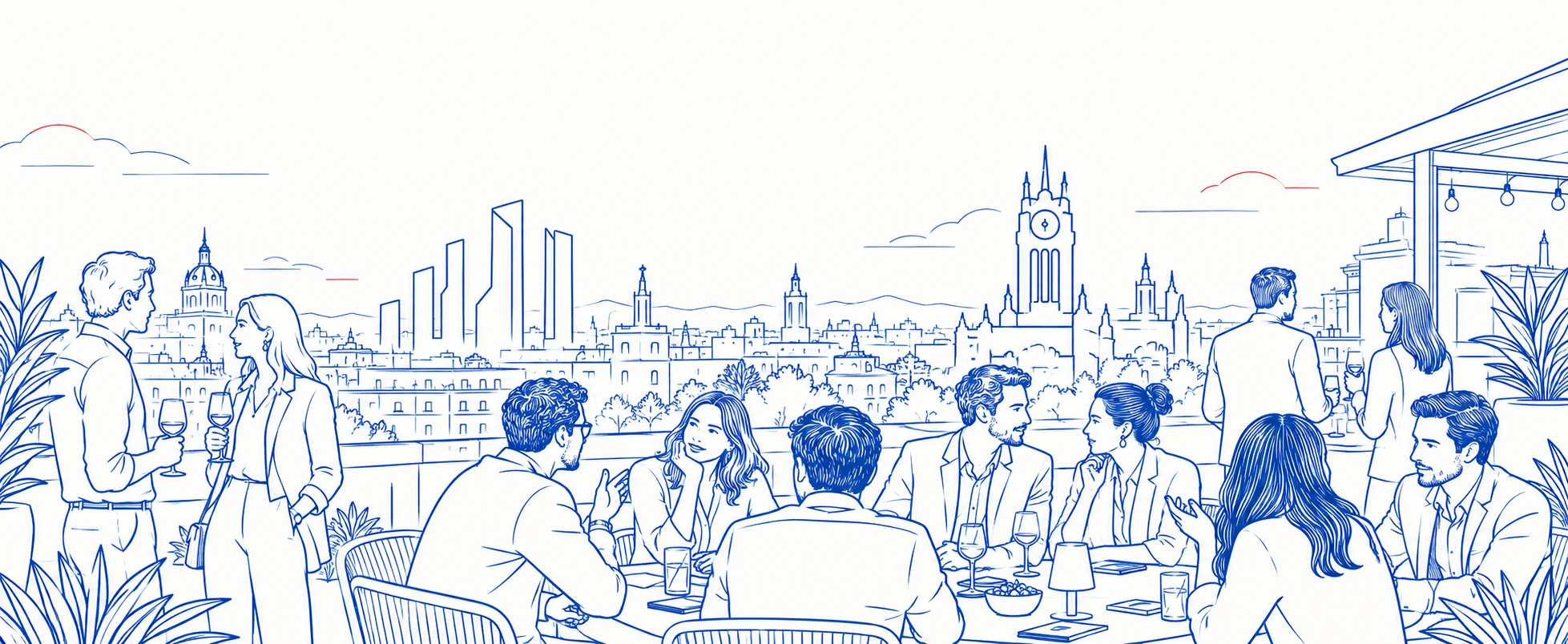 Drawing of a rooftop evening in Madrid: people talk over a drink at tables, with the Cuatro Torres and the Palacio de Cibeles on the skyline.
