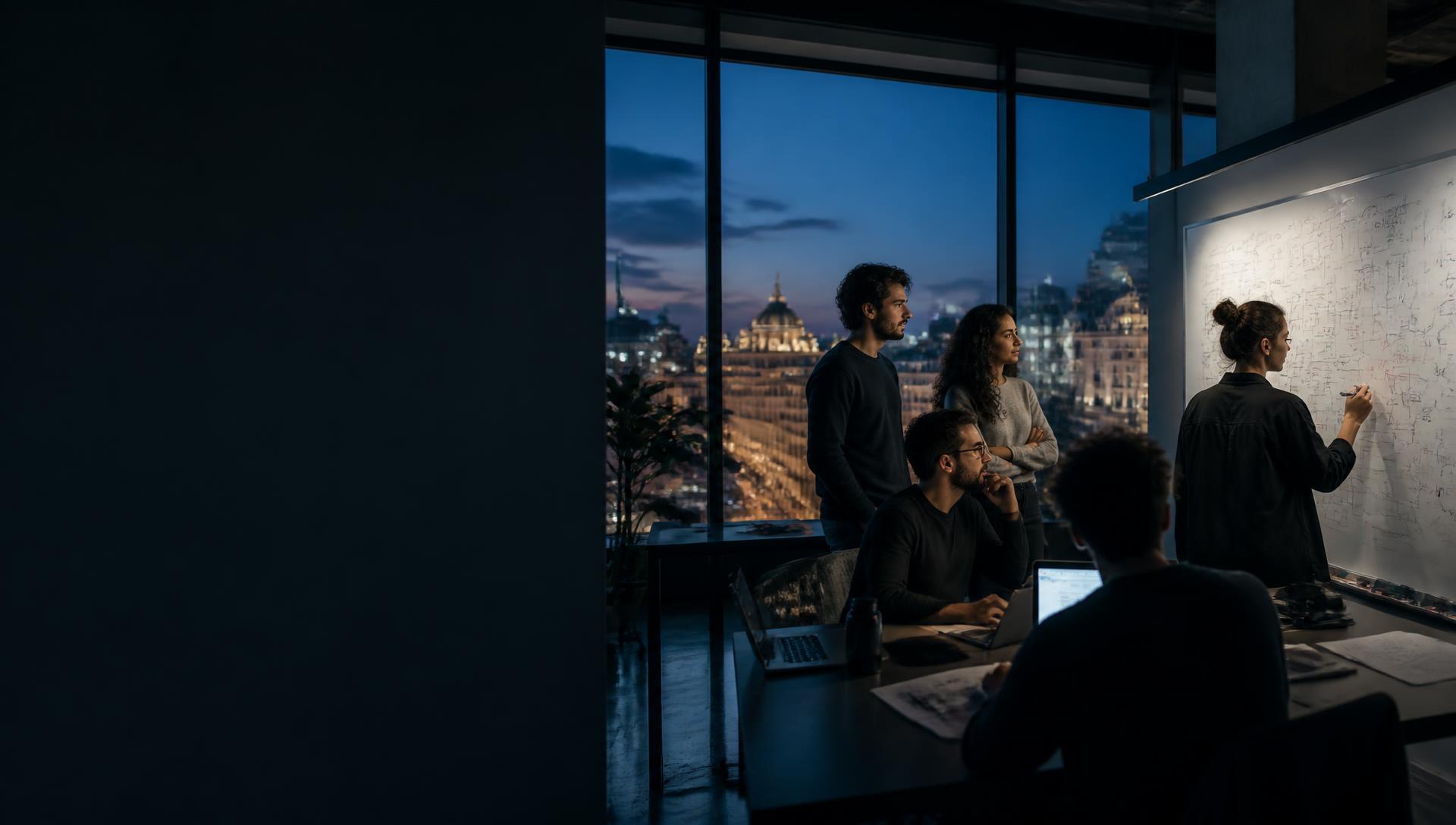 Builders collaborating during a fintech product session in Madrid